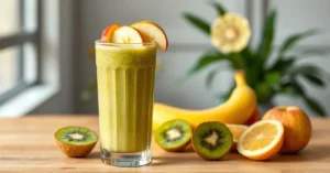 Fresh banana kiwi apple energy smoothie in a tall glass, vibrant green and yellow colors, topped with fruit slices, wooden ta
