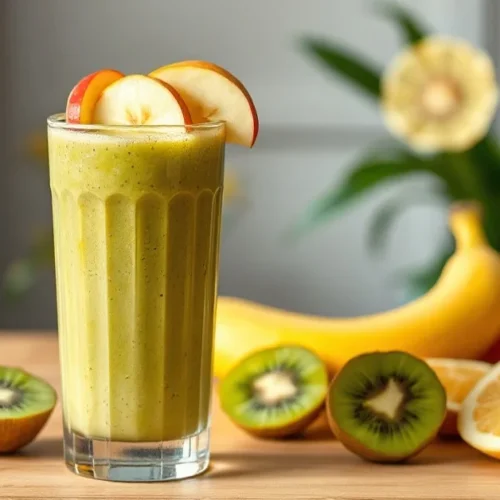 Fresh banana kiwi apple energy smoothie in a tall glass, vibrant green and yellow colors, topped with fruit slices, wooden ta