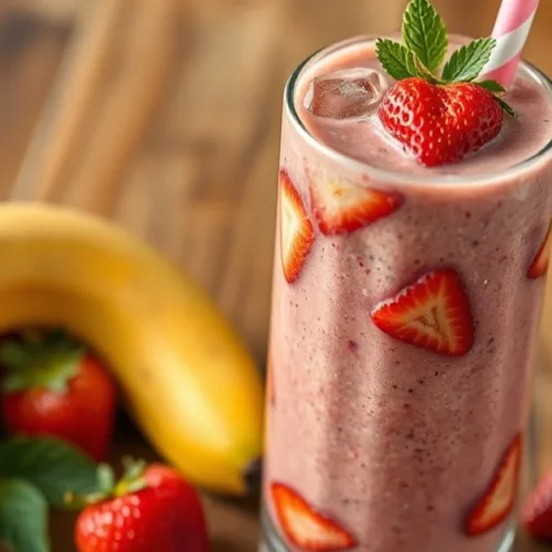 Fresh colorful smoothie in tall glass with strawberries, banana, berries, ice cubes, vibrant pink and yellow colors, healthy