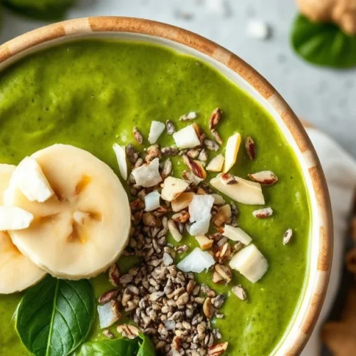 Fresh green detox smoothie bowl with spinach, banana, chia seeds, ginger, garnished with coconut flakes, healthy breakfast, o