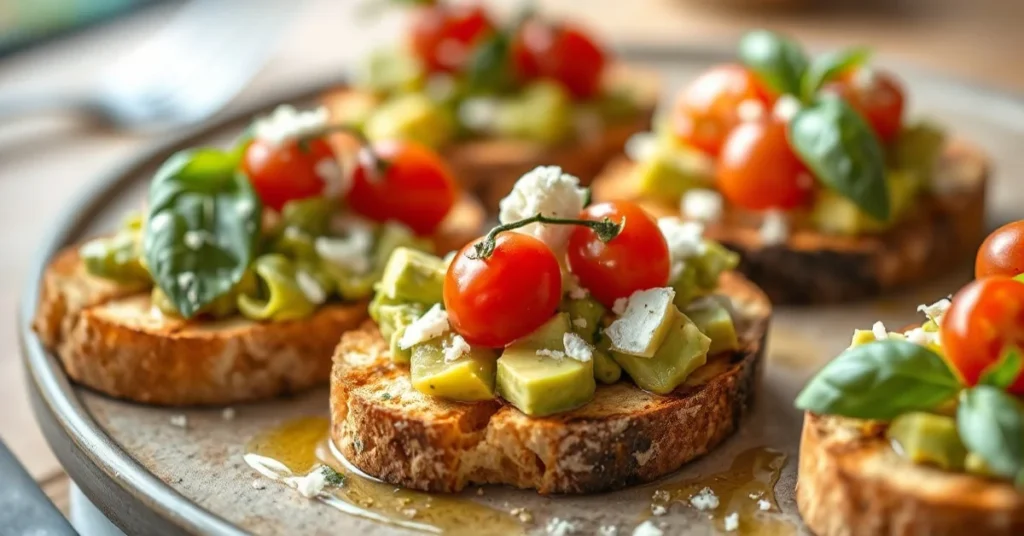 Fresh healthy modern avocado bruschetta on grilled bread, garnished with cherry tomatoes, basil, parmesan, olive oil drizzle,