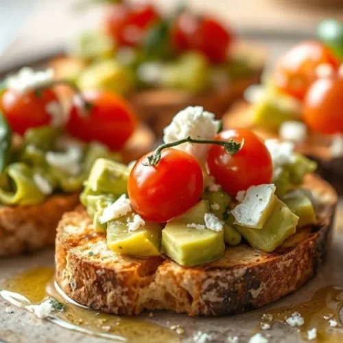 Fresh healthy modern avocado bruschetta on grilled bread, garnished with cherry tomatoes, basil, parmesan, olive oil drizzle,