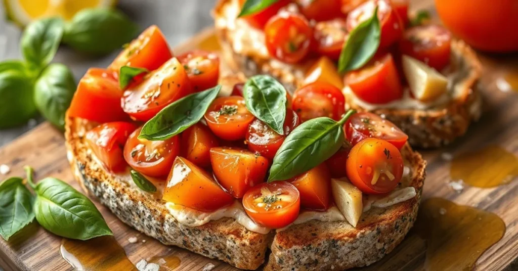 Fresh homemade bruschetta with ripe tomatoes, basil, and garlic on crispy toasted bread slices, olive oil drizzle, Mediterran