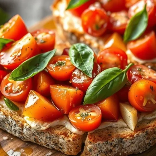 Fresh homemade bruschetta with ripe tomatoes, basil, and garlic on crispy toasted bread slices, olive oil drizzle, Mediterran