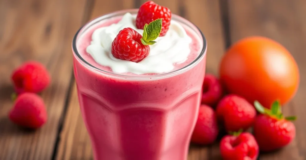 Fresh raspberry smoothie in a clear glass with whipped cream and fresh raspberries on top, vibrant pink color, wooden table b