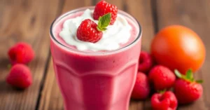 Fresh raspberry smoothie in a clear glass with whipped cream and fresh raspberries on top, vibrant pink color, wooden table b