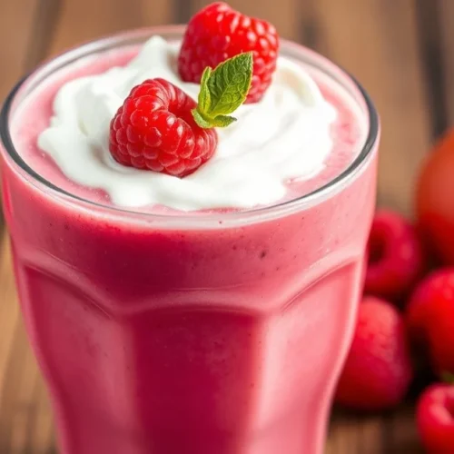 Fresh raspberry smoothie in a clear glass with whipped cream and fresh raspberries on top, vibrant pink color, wooden table b