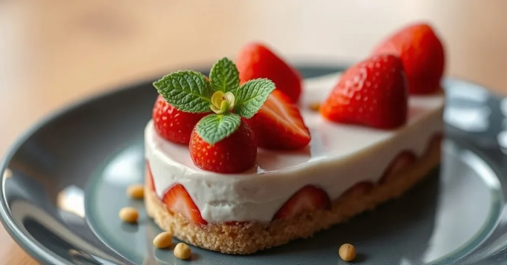 Fresh strawberry Fraisier cake with pistachio garnish, elegant plated dessert with mirror glaze, French pastry craftsmanship