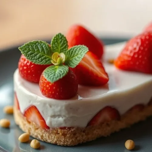 Fresh strawberry Fraisier cake with pistachio garnish, elegant plated dessert with mirror glaze, French pastry craftsmanship