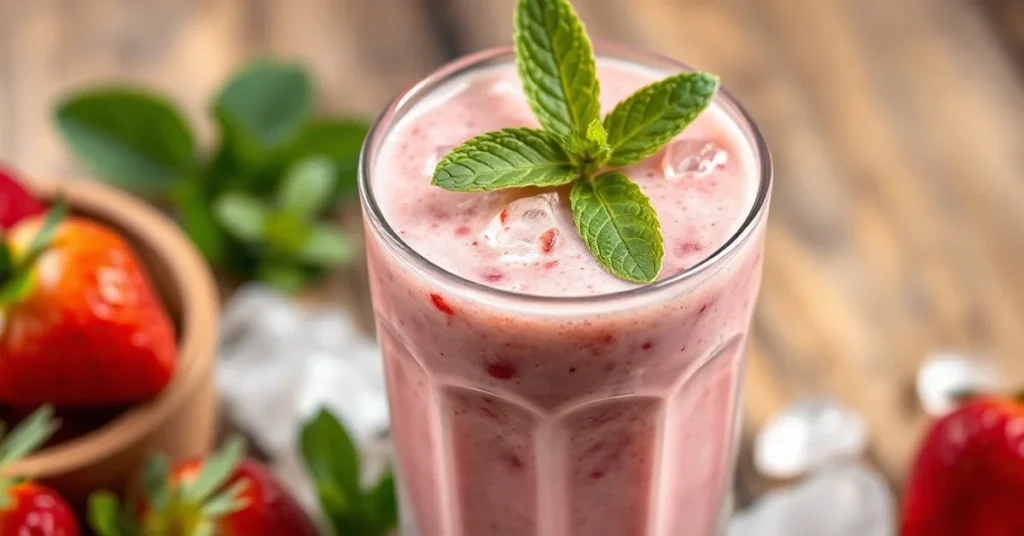 Fresh strawberry smoothie in a tall glass with crushed ice, topped with fresh strawberries and mint, vibrant pink color, soft