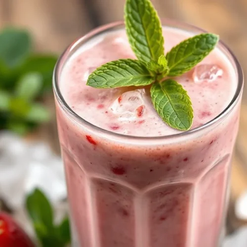Fresh strawberry smoothie in a tall glass with crushed ice, topped with fresh strawberries and mint, vibrant pink color, soft