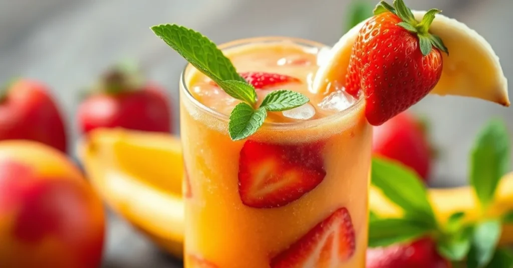 Fresh tropical smoothie in tall glass with mango, strawberry and banana, garnished with mint leaf, icy condensation, vibrant