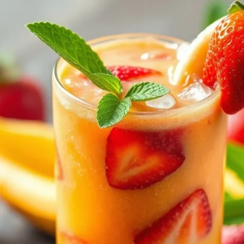 Fresh tropical smoothie in tall glass with mango, strawberry and banana, garnished with mint leaf, icy condensation, vibrant