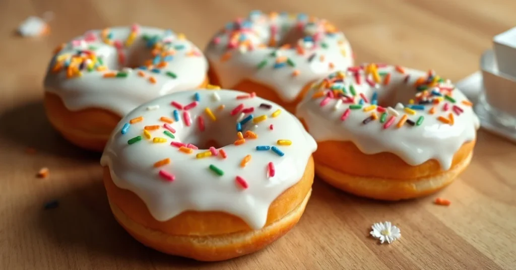 Fresh vegan donuts with white glaze and colorful sprinkles, artfully arranged on wooden table, soft morning light, profession