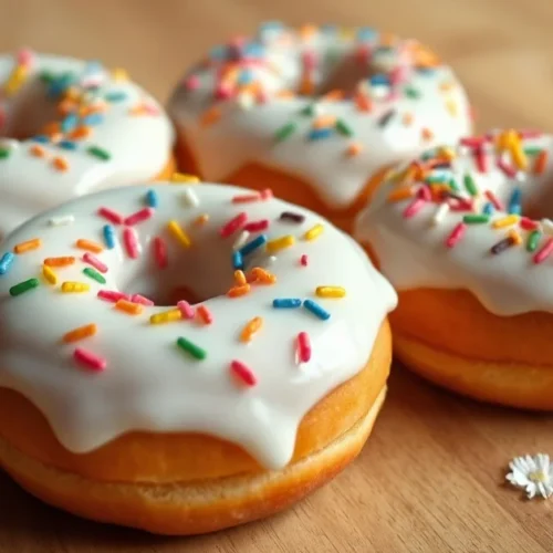 Fresh vegan donuts with white glaze and colorful sprinkles, artfully arranged on wooden table, soft morning light, profession