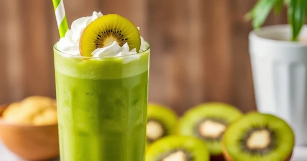 Fresh vibrant green kiwi smoothie in a tall glass with whipped cream, kiwi slices on top, tropical healthy beverage photograp