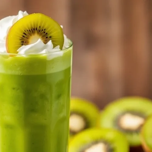 Fresh vibrant green kiwi smoothie in a tall glass with whipped cream, kiwi slices on top, tropical healthy beverage photograp