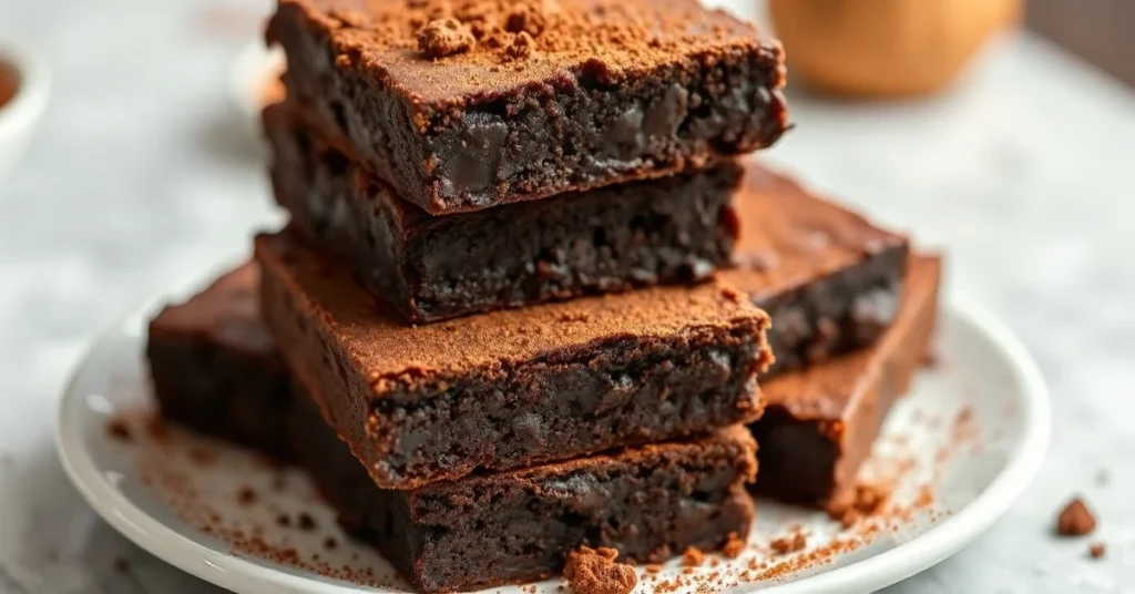 Freshly baked chocolate brownies stacked on white plate, glossy surface, rich dark brown color, garnished with cocoa powder,