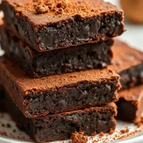 Freshly baked chocolate brownies stacked on white plate, glossy surface, rich dark brown color, garnished with cocoa powder,