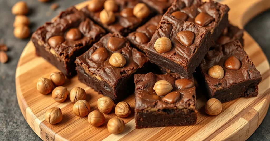 Freshly baked chocolate brownies with roasted hazelnuts, cut into squares, served on wooden board, rich dark chocolate, profe