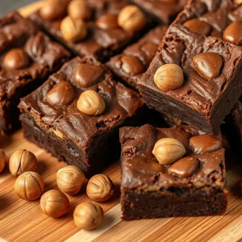 Freshly baked chocolate brownies with roasted hazelnuts, cut into squares, served on wooden board, rich dark chocolate, profe