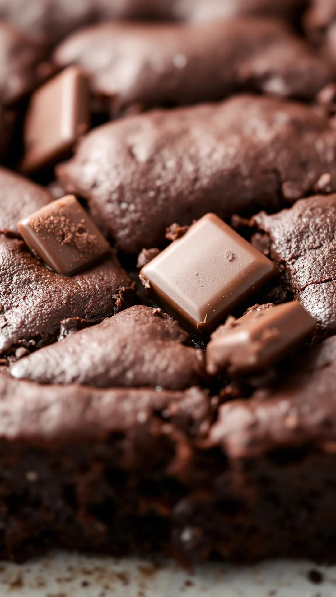 Freshly baked dark chocolate brownie square, extreme close-up, melted chocolate chunks visible, moisten crumbly texture, stud
