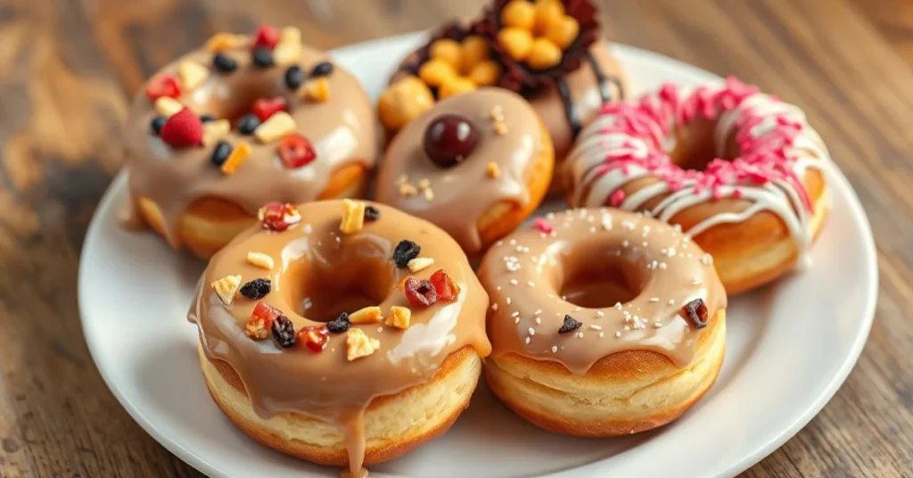 Freshly baked donuts with glazing, vibrant toppings, elegant presentation on white plate, professional food photography, gold