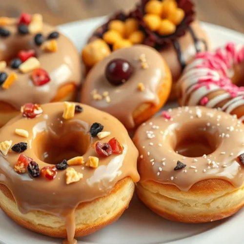 Freshly baked donuts with glazing, vibrant toppings, elegant presentation on white plate, professional food photography, gold