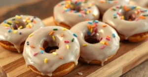 Freshly baked donuts without eggs, glazed with white icing, arranged on a wooden board with colorful sprinkles on top, profes