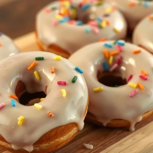 Freshly baked donuts without eggs, glazed with white icing, arranged on a wooden board with colorful sprinkles on top, profes