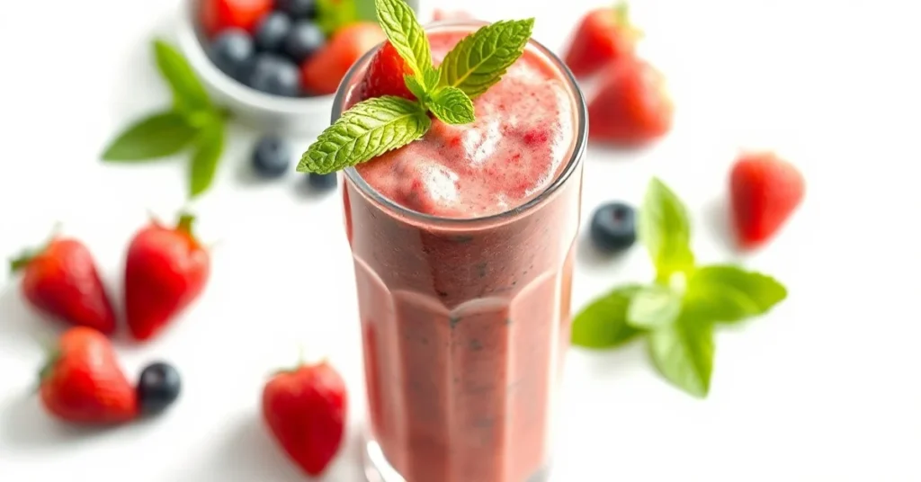 Freshly blended red berries smoothie in tall glass with frothy cream top, strawberries raspberries blueberries visible, garni