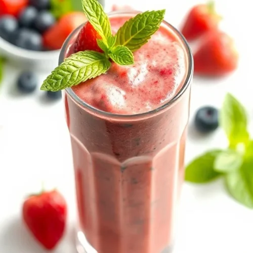 Freshly blended red berries smoothie in tall glass with frothy cream top, strawberries raspberries blueberries visible, garni