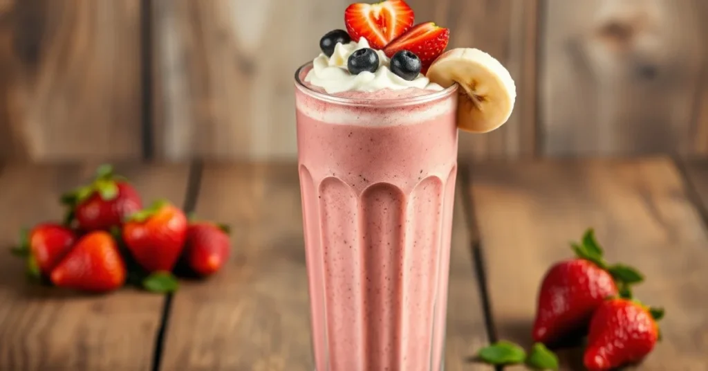 Freshly blended strawberry banana smoothie in a tall glass with whipped cream, fresh berries on top, wooden table background,