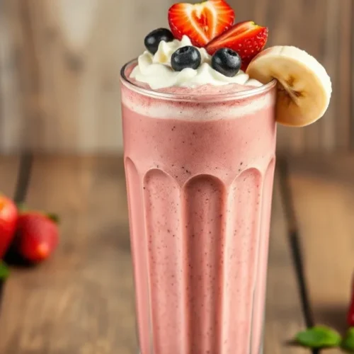 Freshly blended strawberry banana smoothie in a tall glass with whipped cream, fresh berries on top, wooden table background,