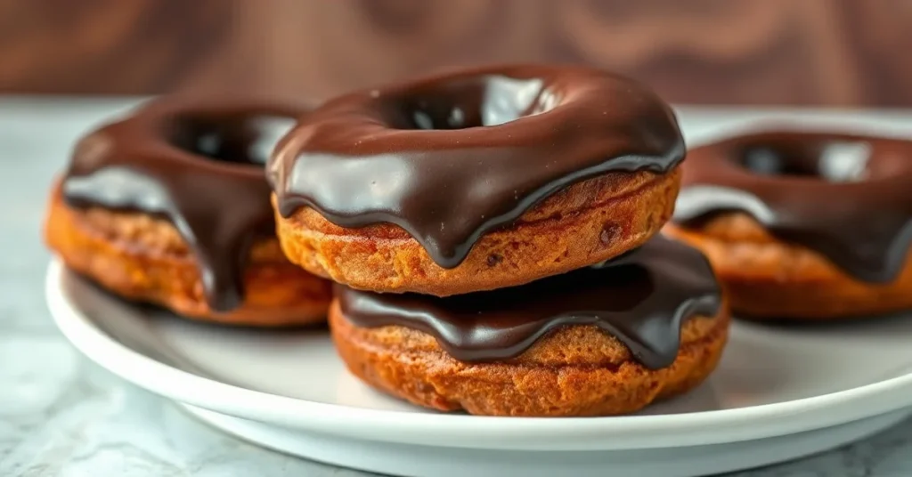 Freshly fried chocolate donuts with glossy dark chocolate glaze, stacked beautifully on white plate, warm steam rising, profe