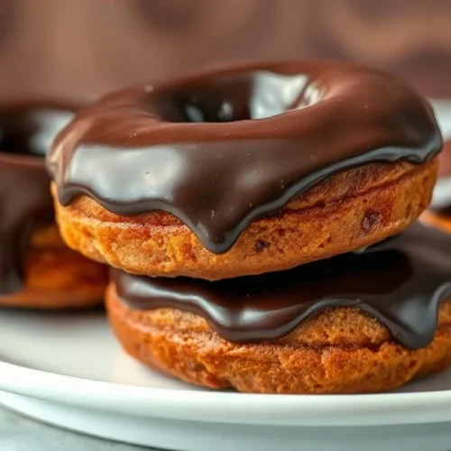 Freshly fried chocolate donuts with glossy dark chocolate glaze, stacked beautifully on white plate, warm steam rising, profe