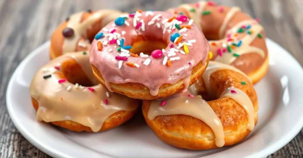 Freshly fried homemade donuts with colorful glazing and toppings, golden brown and dusted with sprinkles, stacked on white pl