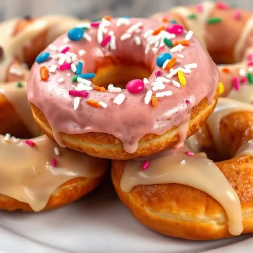 Freshly fried homemade donuts with colorful glazing and toppings, golden brown and dusted with sprinkles, stacked on white pl