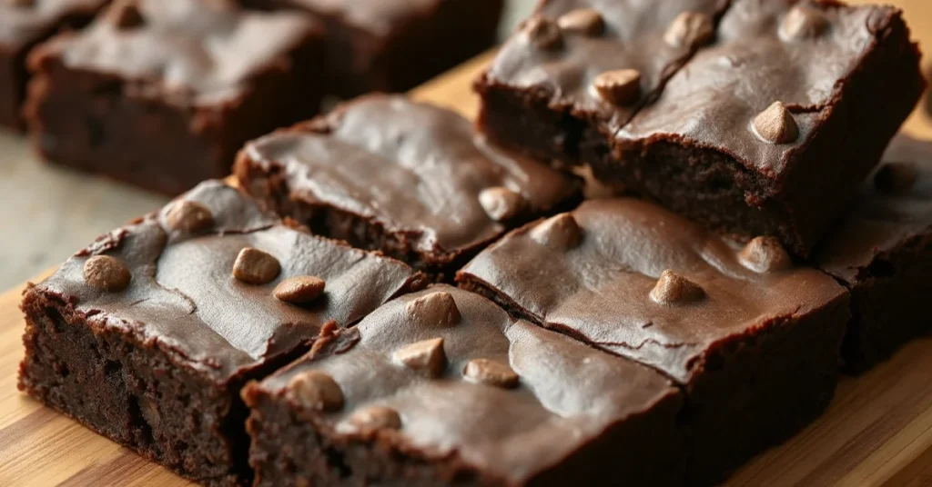 Fudgy dark chocolate brownies fresh from oven, cut into squares on wooden board, rich glossy texture, professional food photo