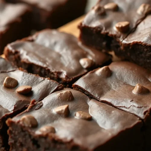 Fudgy dark chocolate brownies fresh from oven, cut into squares on wooden board, rich glossy texture, professional food photo