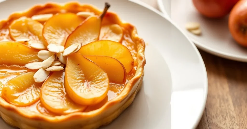 Golden baked Tarte Bourdaloue with poached pears and sliced almonds, elegant French pastry dessert on white plate, profession