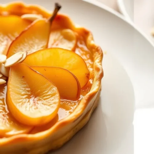 Golden baked Tarte Bourdaloue with poached pears and sliced almonds, elegant French pastry dessert on white plate, profession