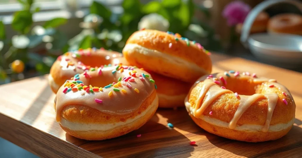 Golden crispy donuts with colorful glazing and sprinkles on wooden table, fresh homemade pastries, warm sunlight, professiona