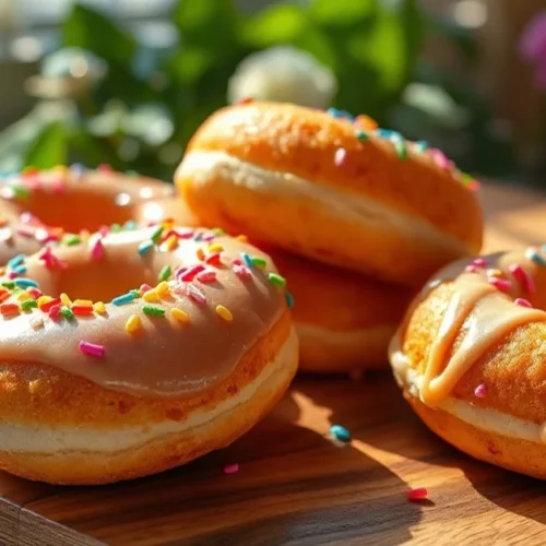 Golden crispy donuts with colorful glazing and sprinkles on wooden table, fresh homemade pastries, warm sunlight, professiona