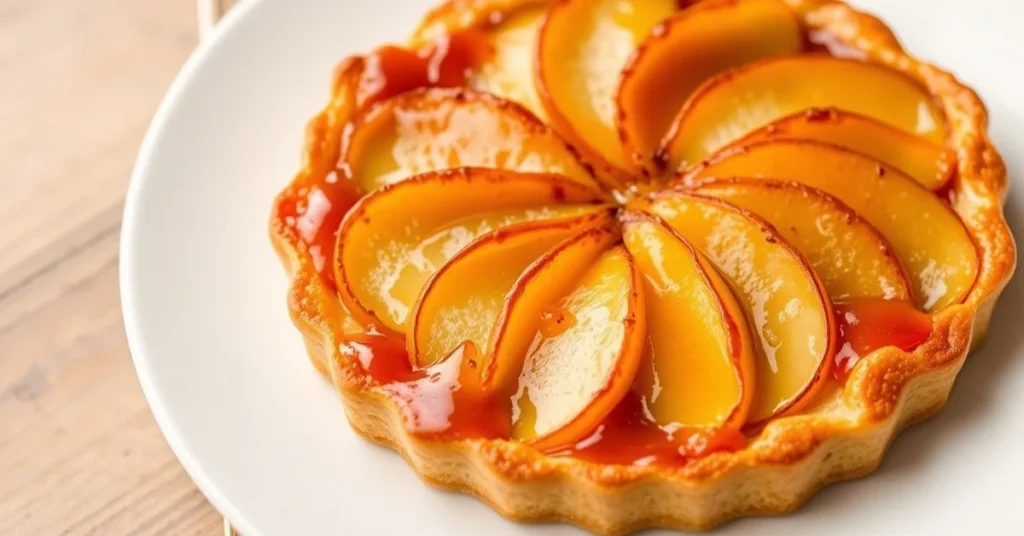 Golden crispy pear tart on white plate, sliced pears arranged beautifully, glistening caramel glaze, French pastry, professio