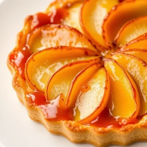 Golden crispy pear tart on white plate, sliced pears arranged beautifully, glistening caramel glaze, French pastry, professio