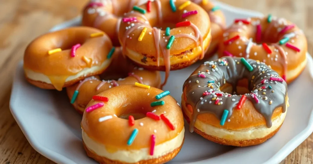 Golden freshly fried donuts with colorful glazing and sprinkles, arranged on white plate, American style bakery photography,