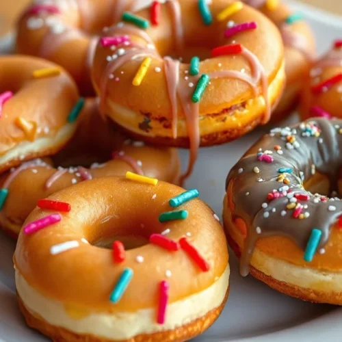 Golden freshly fried donuts with colorful glazing and sprinkles, arranged on white plate, American style bakery photography,