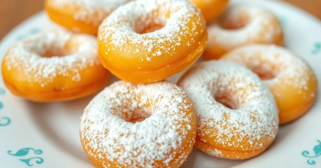 Golden fried donuts dusted with powdered sugar, arranged on white plate, fresh and appetizing, professional food photography