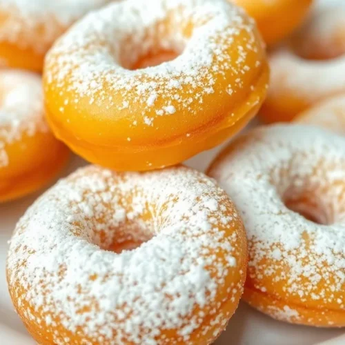 Golden fried donuts dusted with powdered sugar, arranged on white plate, fresh and appetizing, professional food photography
